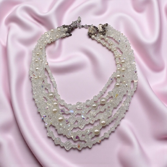 Vintage Aurora Borealis Bead Necklace: 7-Strand Faux Pearl Choker